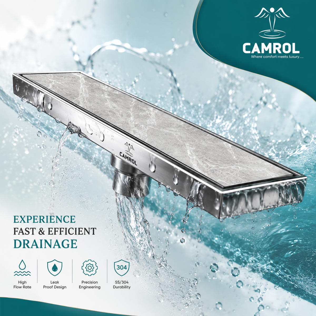 Camrol Tile Insert Shower Drain Channel | 304 Stainless Steel Invisible Shower Drain Channel | Drain Channel with Cockroach Trap and Side Hole