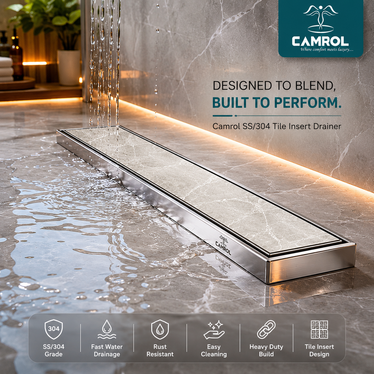 Camrol Tile Insert Shower Drain Channel | 304 Stainless Steel Invisible Shower Drain Channel | Drain Channel with Cockroach Trap and Side Hole