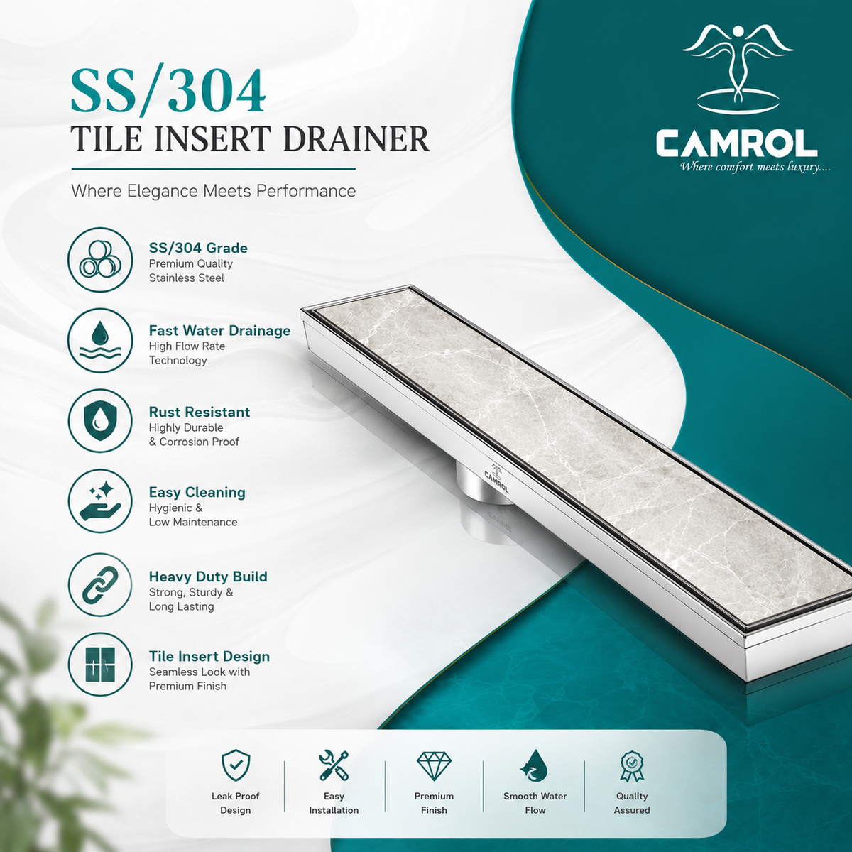 Camrol Tile Insert Shower Drain Channel | 304 Stainless Steel Invisible Shower Drain Channel | Drain Channel with Cockroach Trap and Side Hole