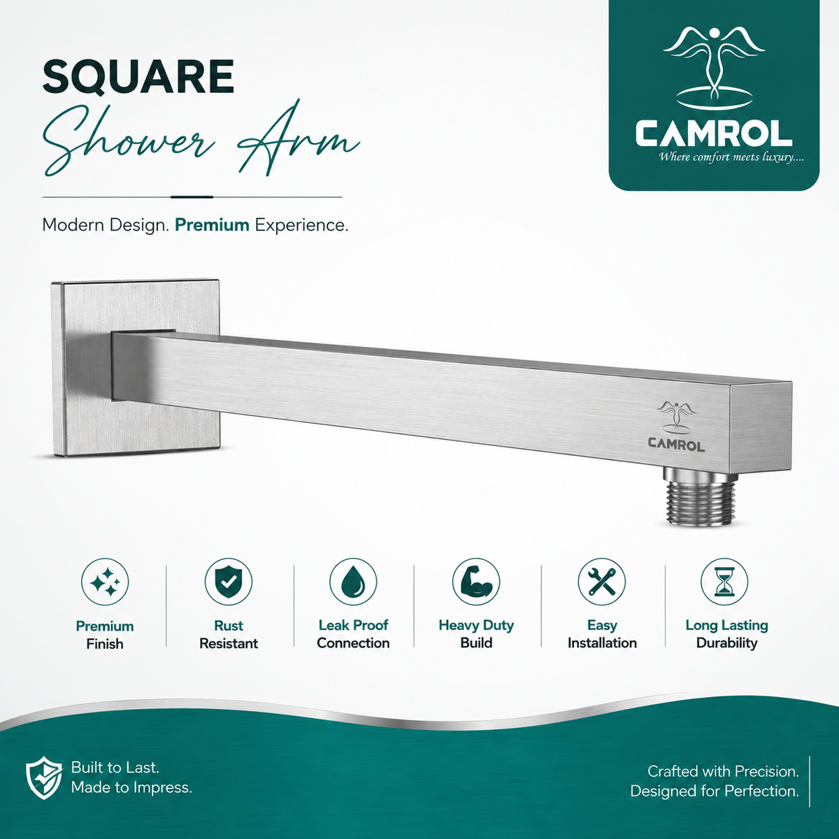 Camrol Square Stainless Steel Shower Arm with Wall Flange | Chrome Polished Finish