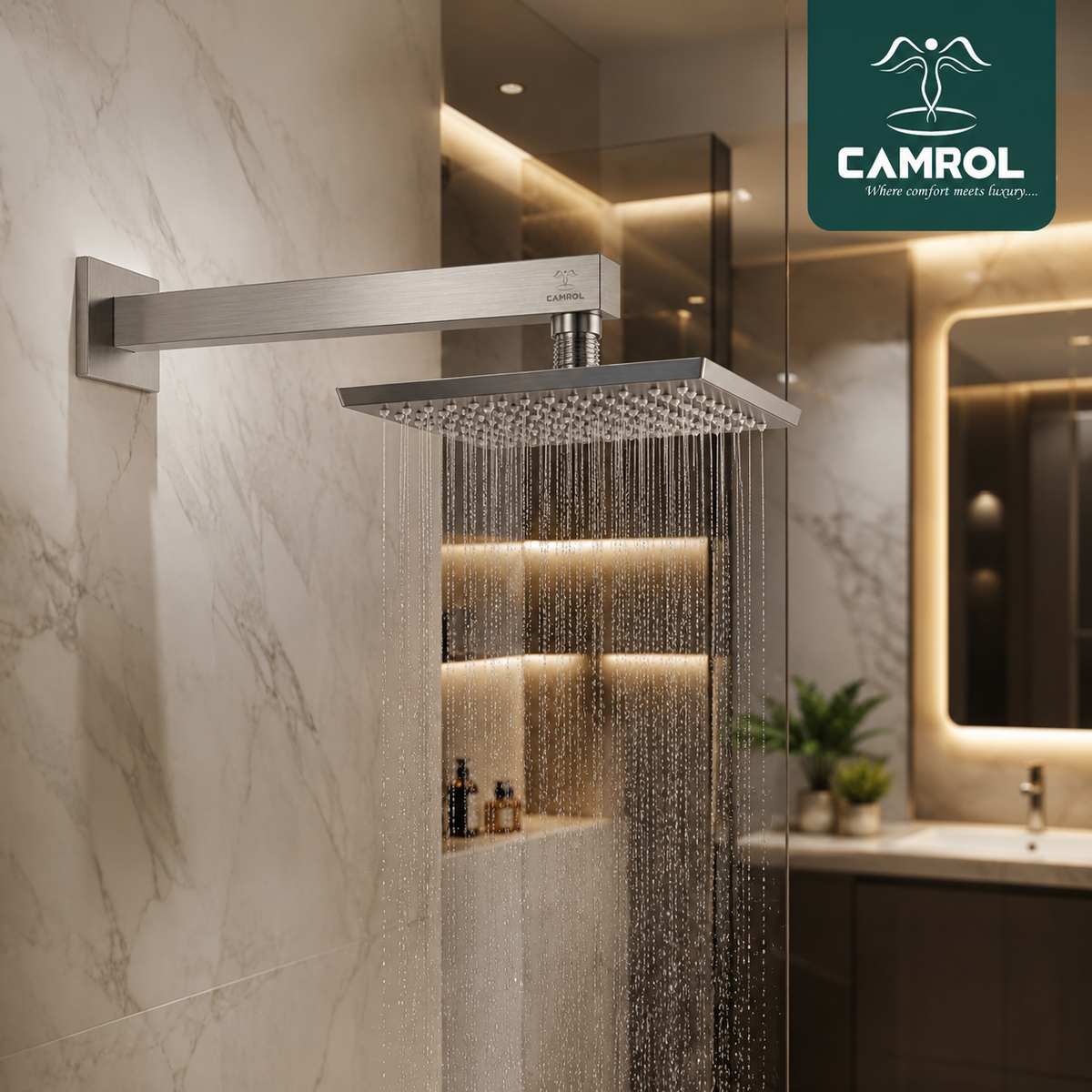 Camrol Square Stainless Steel Shower Arm with Wall Flange | Chrome Polished Finish
