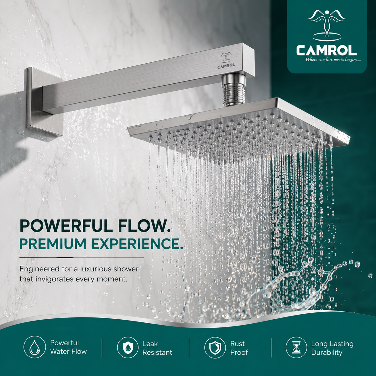 Camrol Square Stainless Steel Shower Arm with Wall Flange | Chrome Polished Finish