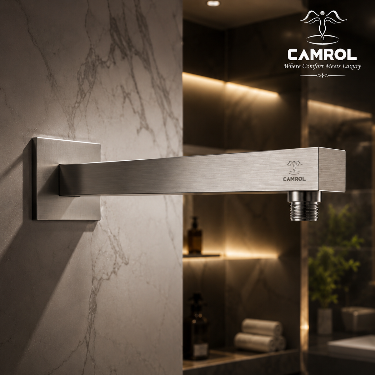 Camrol Square Stainless Steel Shower Arm with Wall Flange | Chrome Polished Finish