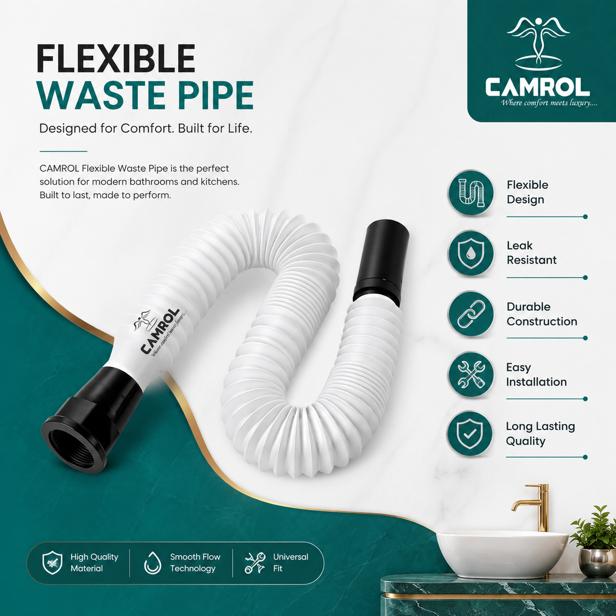 Camrol Flexible Sink Drain Pipe for Kitchen & Bathroom | Leak-Proof & Clog-Preventive Waste Pipe | Flexible Basin Drain Hose