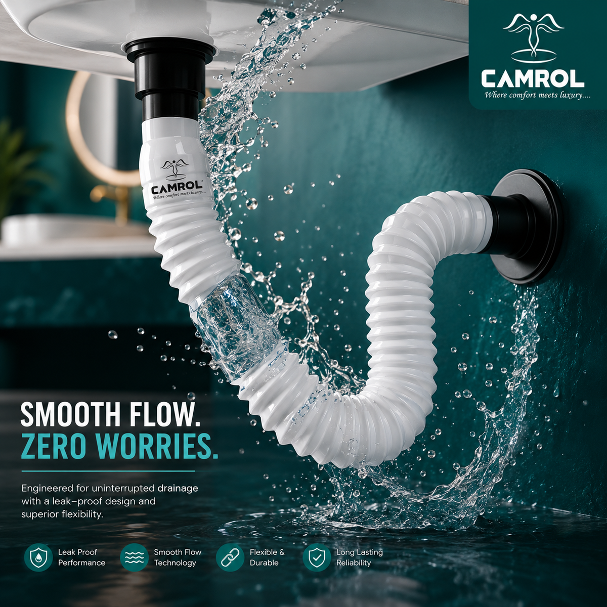Camrol Flexible Sink Drain Pipe for Kitchen & Bathroom | Leak-Proof & Clog-Preventive Waste Pipe | Flexible Basin Drain Hose