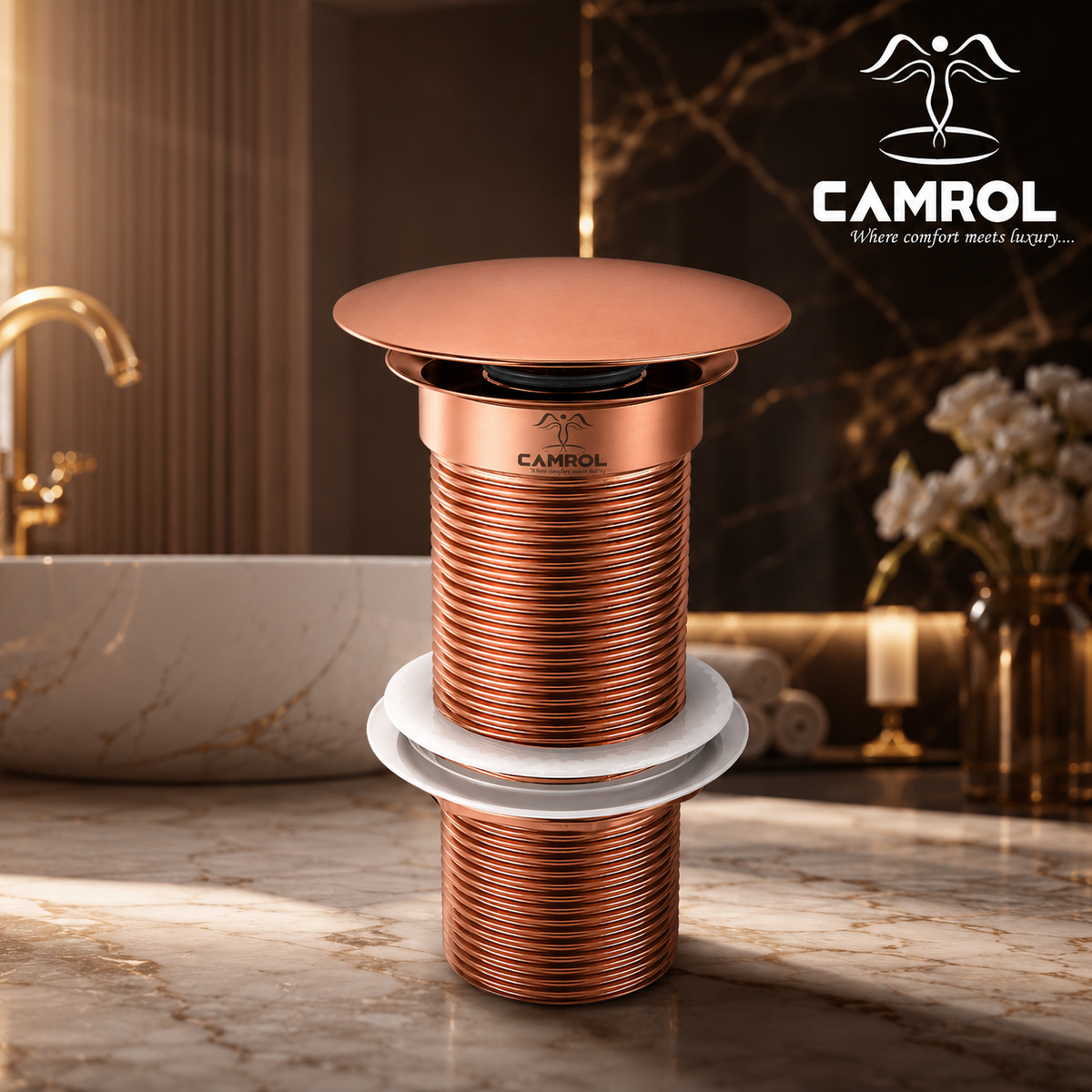 Camrol Brass Stainless Steel Wash Basin Waste Rose Gold Popup Sink Coupling with Full Thread Glossy Finish | Corrosion Resistant | Rose Gold | 1 Piece