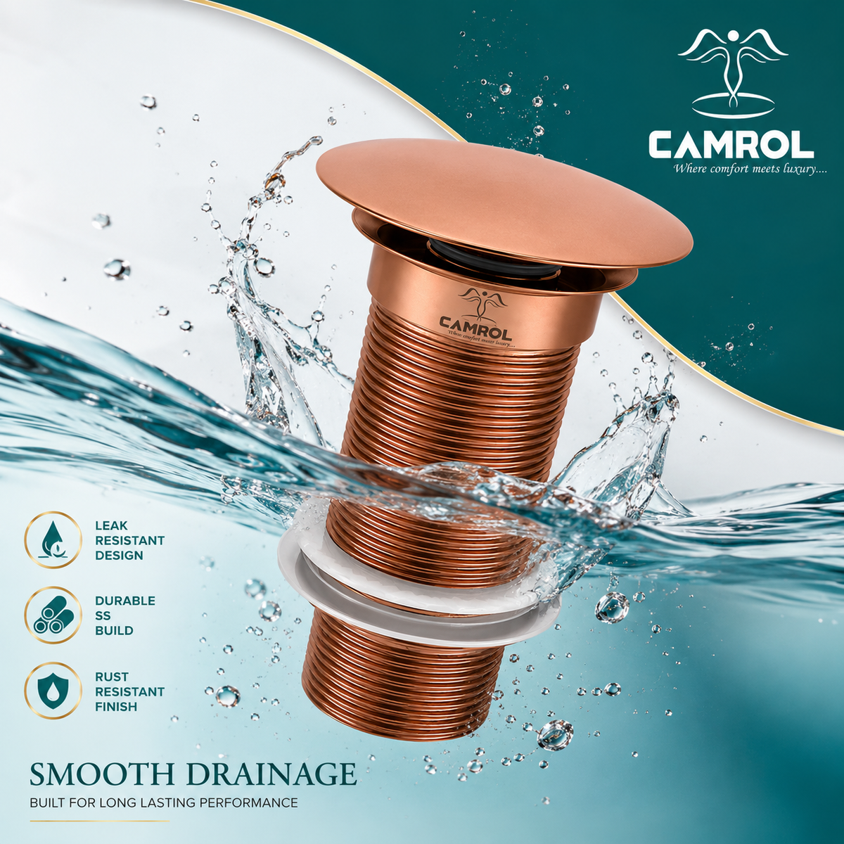 Camrol Brass Stainless Steel Wash Basin Waste Rose Gold Popup Sink Coupling with Full Thread Glossy Finish | Corrosion Resistant | Rose Gold | 1 Piece