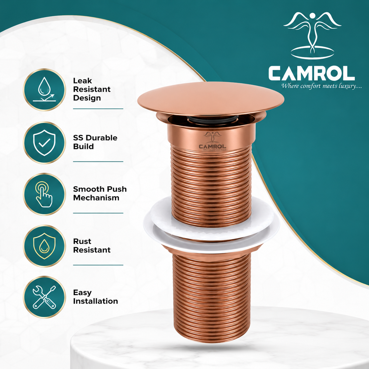 Camrol Brass Stainless Steel Wash Basin Waste Rose Gold Popup Sink Coupling with Full Thread Glossy Finish | Corrosion Resistant | Rose Gold | 1 Piece