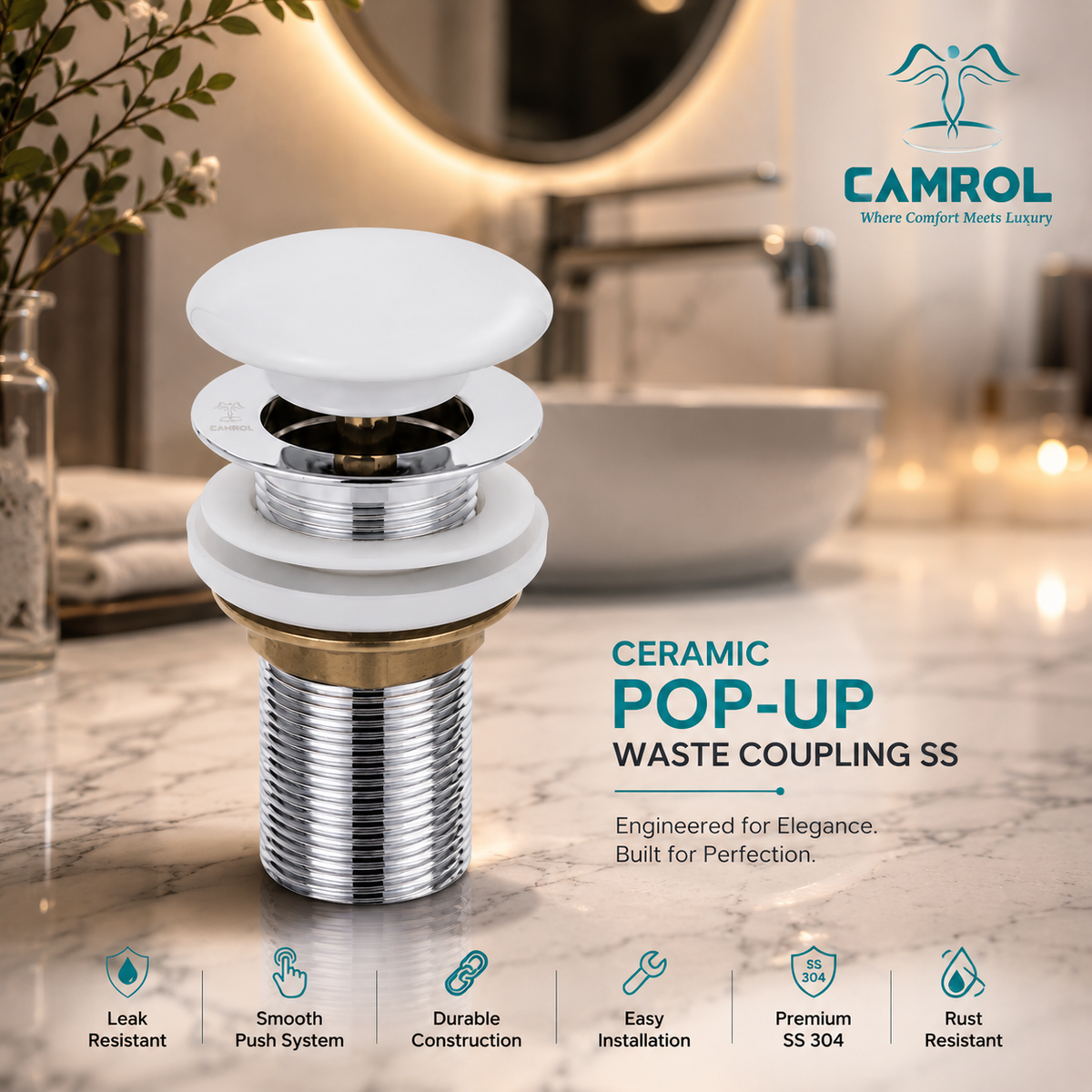 Camrol Brass Stainless Steel Wash Basin Waste Popup Sink Coupling with Full Thread Glossy Finish | Corrosion Resistant | Ceramic | 1 Piece