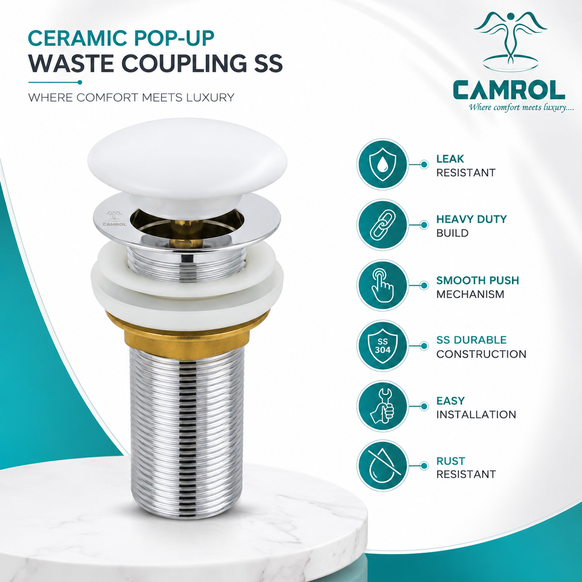 Camrol Brass Stainless Steel Wash Basin Waste Popup Sink Coupling with Full Thread Glossy Finish | Corrosion Resistant | Ceramic | 1 Piece