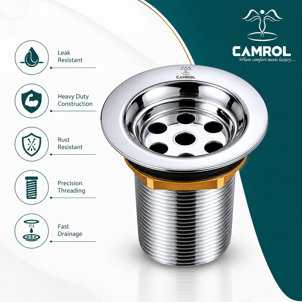Camrol Full Thread Waste Coupling SS for Wash Basin | 304 Grade Stainless Steel | Rust & Corrosion Resistant | Chrome Finish