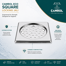 Camrol 5 x 5 Inches Stainless Steel Square Flat Cut Floor Water Drain |Premium Locking Square Plain & Hole Jali Grating Trap with Lock | Bathroom & Kitchen Drain Cover | Rust & Corrosion Resistant | Silver