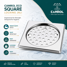 Camrol 5 x 5 Inches Stainless Steel Square Flat Cut Floor Water Drain |Premium Locking Square Plain & Hole Jali Grating Trap with Lock | Bathroom & Kitchen Drain Cover | Rust & Corrosion Resistant | Silver