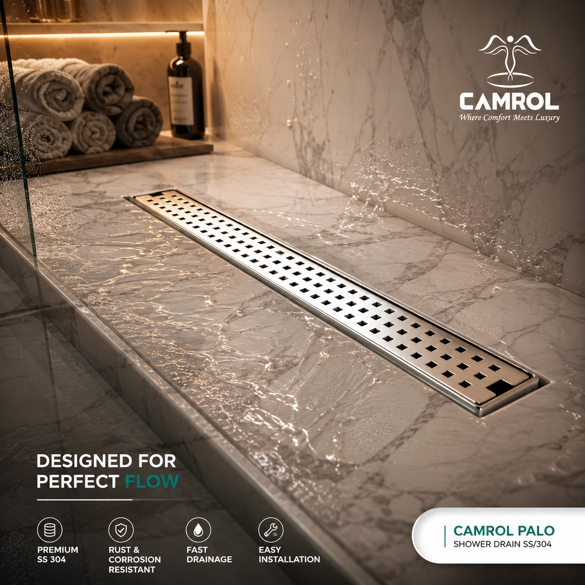 Camrol Shower Drain Palo Channel | 304 Grade Stainless Steel Linear Floor Drain | Side Hole & Jali | Cockroach Trap Not Included