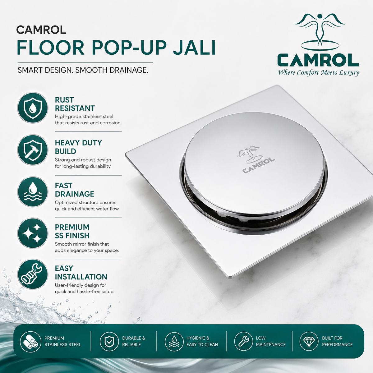 Camrol Stainless Steel Pop-Up Floor Drain | Anti-Foul & Anti-Cockroach | For Bathroom, Balcony, Roof, Terrace, Floor & Parking | Glossy Chrome