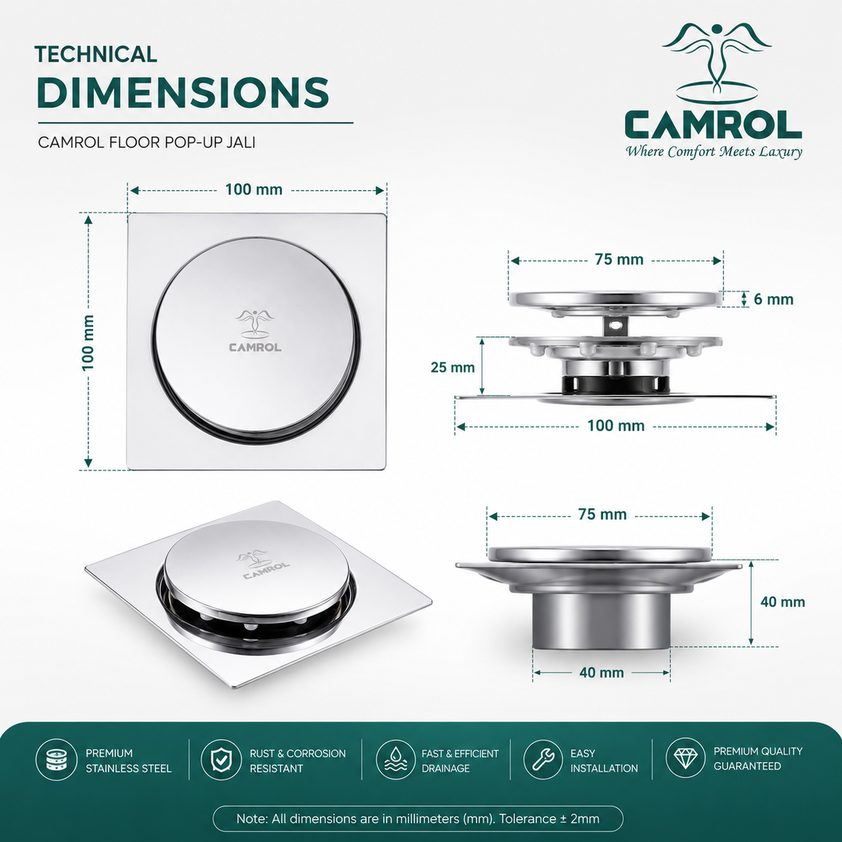 Camrol Stainless Steel Pop-Up Floor Drain | Anti-Foul & Anti-Cockroach | For Bathroom, Balcony, Roof, Terrace, Floor & Parking | Glossy Chrome