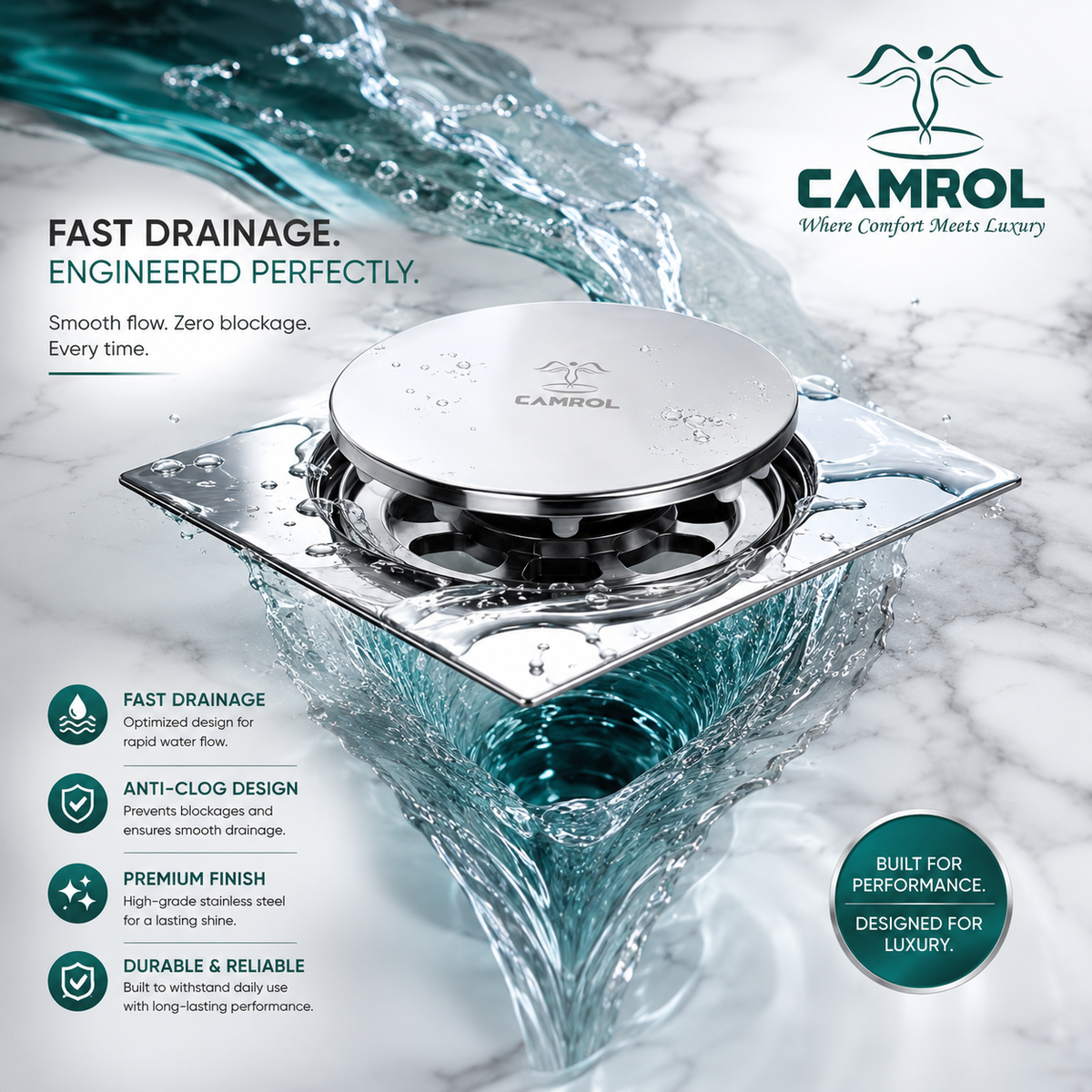 Camrol Stainless Steel Pop-Up Floor Drain | Anti-Foul & Anti-Cockroach | For Bathroom, Balcony, Roof, Terrace, Floor & Parking | Glossy Chrome