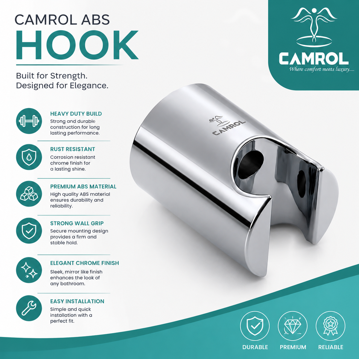 Camrol Heavy Duty Stainless Steel ABS Hook Health Faucet Holder | Universal Jet Spray Stand | Wall Mounted | Rust Resistant | Chrome Finish | Includes Screws & Wall Plugs