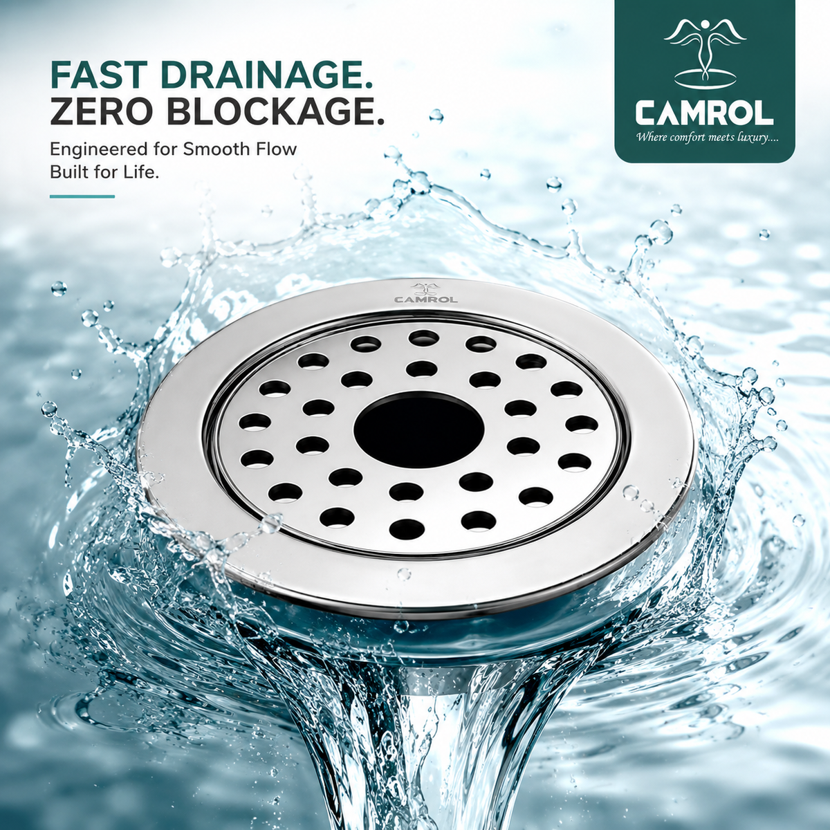 Camrol 5 x 5 Inches Stainless Steel Square Flat Cut Floor Water Drain | Premium Locking Round Jali Grating Trap with Lock | Bathroom & Kitchen Drain Cover | Rust & Corrosion Resistant | Silver