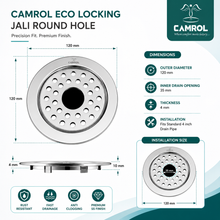 Camrol 5 x 5 Inches Stainless Steel Square Flat Cut Floor Water Drain | Premium Locking Round Jali Grating Trap with Lock | Bathroom & Kitchen Drain Cover | Rust & Corrosion Resistant | Silver