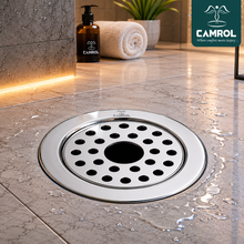 Camrol 5 x 5 Inches Stainless Steel Square Flat Cut Floor Water Drain | Premium Locking Round Jali Grating Trap with Lock | Bathroom & Kitchen Drain Cover | Rust & Corrosion Resistant | Silver