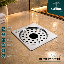 Camrol 5 x 5 Inches Stainless Steel Square Flat Cut Floor Water Drain | Premium Locking square Hole Jali Grating Trap with Lock | Bathroom & Kitchen Drain Cover | Rust & Corrosion Resistant | Silver