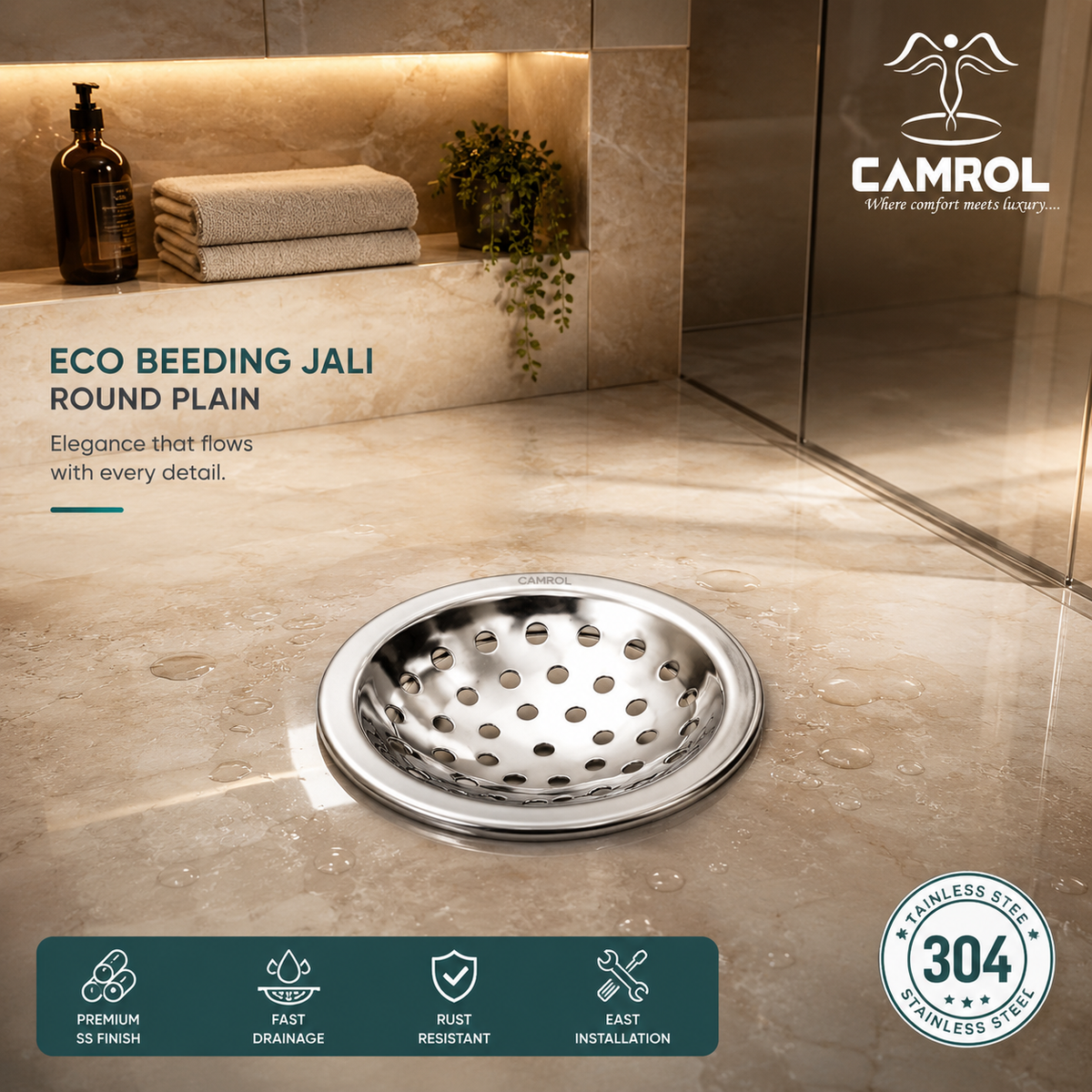 Camrol Eco Round Beeding Plain Jali | Stainless Steel Floor Drain Cover with Plain | Chrome Finish | Bathroom, Kitchen & Balcony Floor Drain