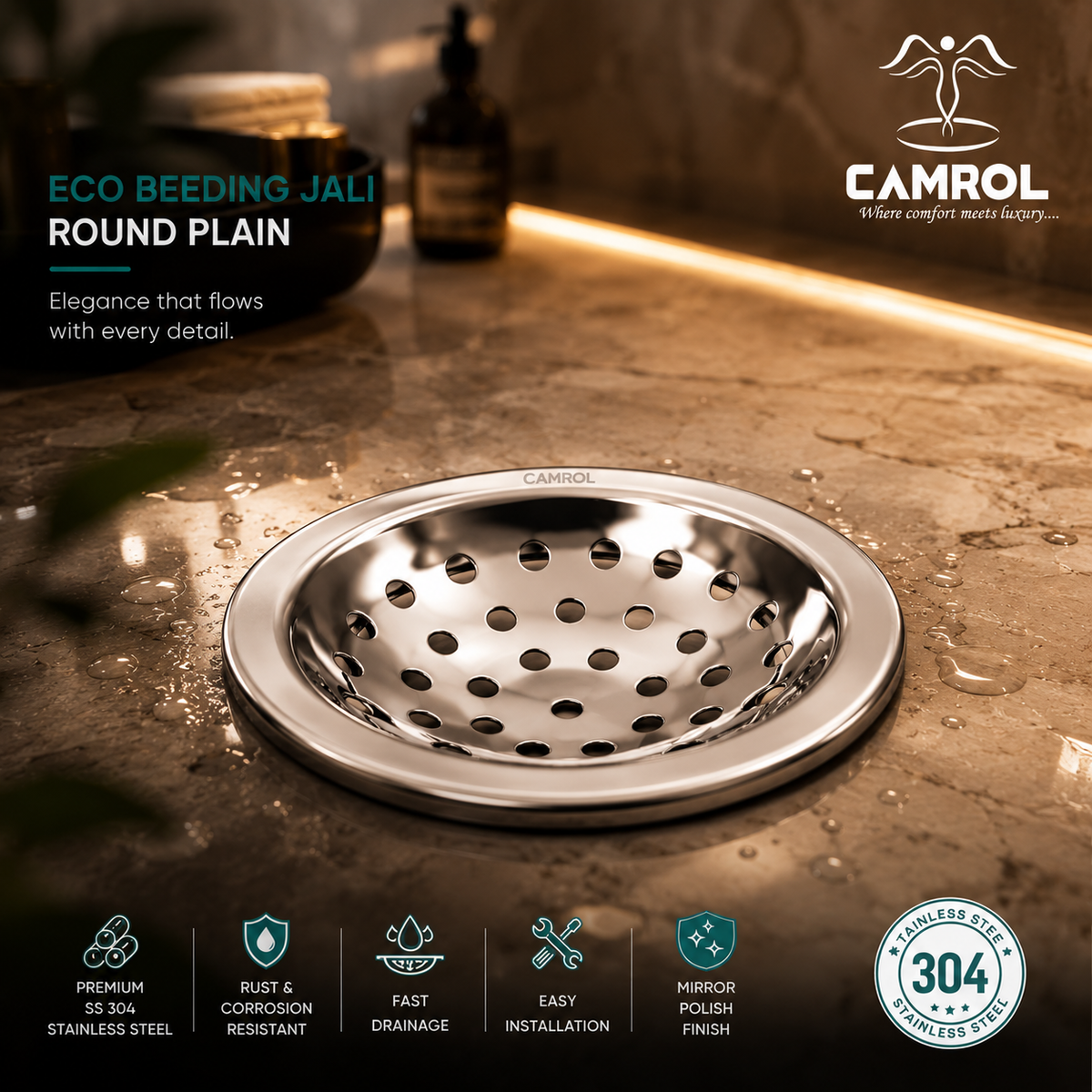 Camrol Eco Round Beeding Plain Jali | Stainless Steel Floor Drain Cover with Plain | Chrome Finish | Bathroom, Kitchen & Balcony Floor Drain