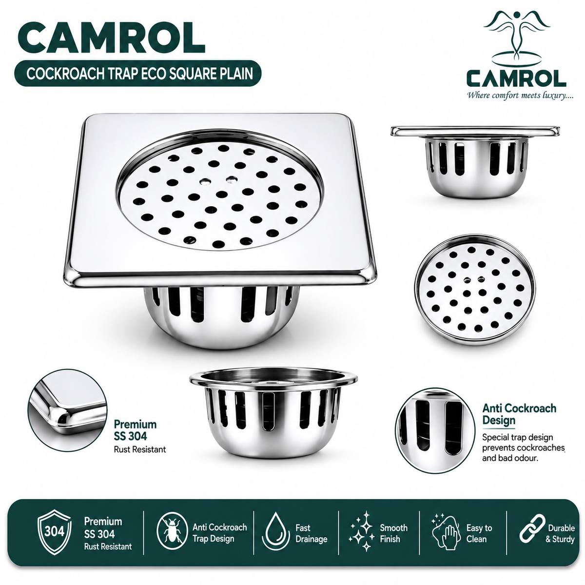 CAMROL Square Floor Drain with Cockroach Trap | 5 x 5 Inches Floor Drainer | 304-Grade Stainless Steel Floor Trap | Glossy Finish Drain Jali