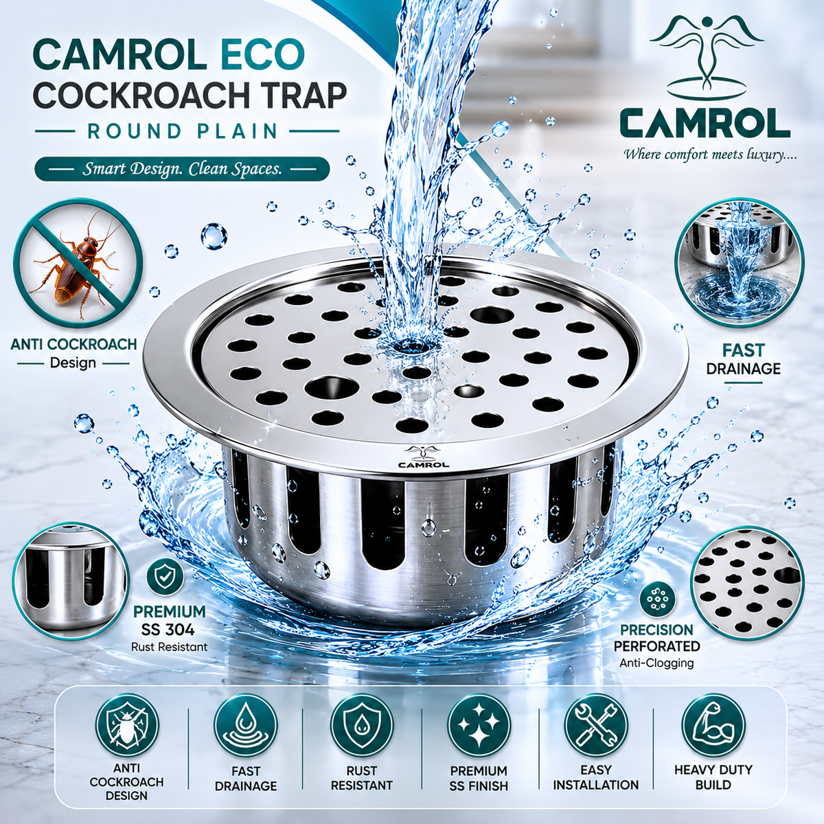 CAMROL Stainless Steel Round Floor Drainer with Hole | 5 Inches Bathroom Floor Drain | Anti-Cockroach Floor Jali | Floor Trap Jali | Bathroom Drain Cover