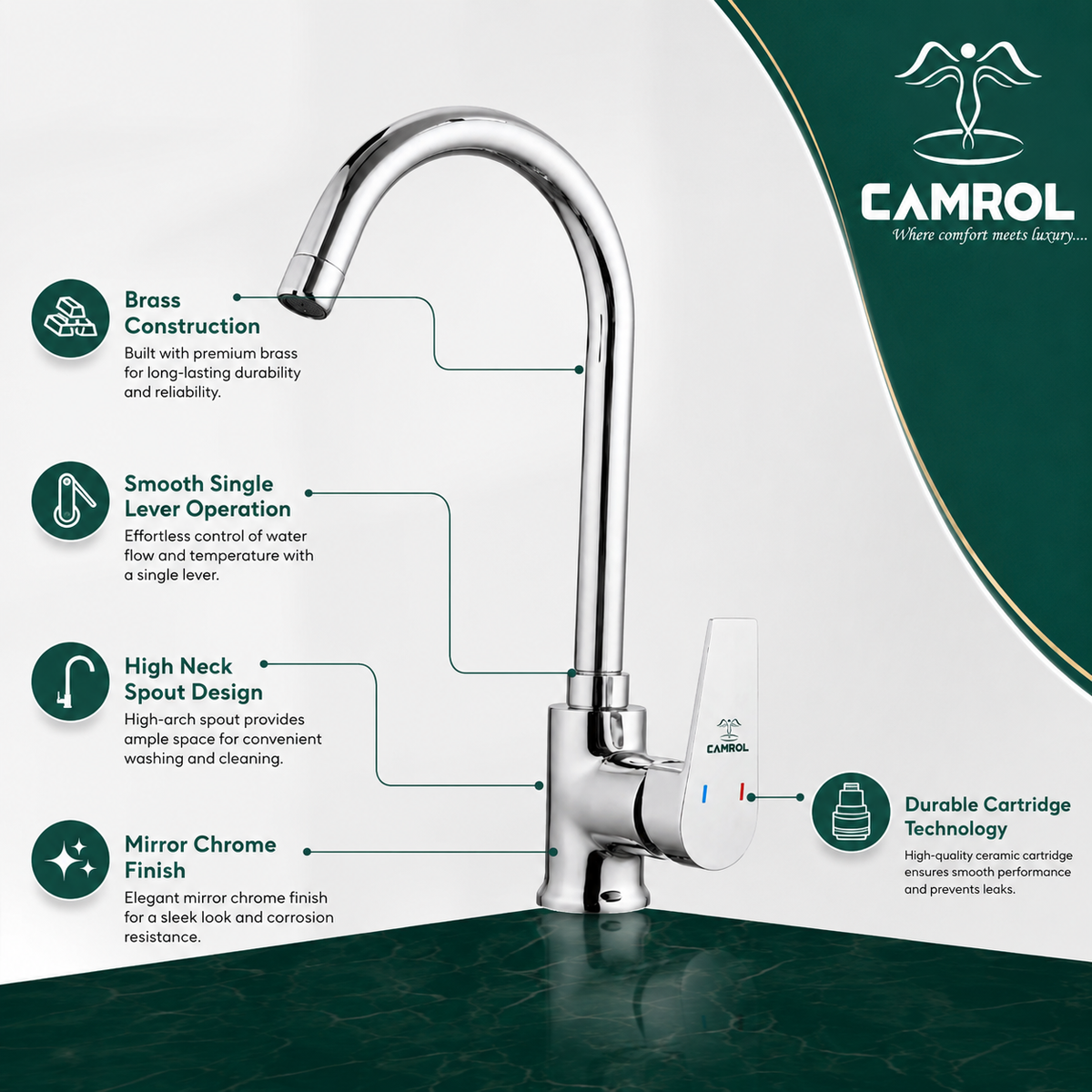 Camrol Brass Kitchen Table Mount  Sink Mixter Faucet | Single Handle Hot & Cold Sink Mixer Tap | 360° Swivel Spout | Chrome | Deck Mounted | Accessories Included