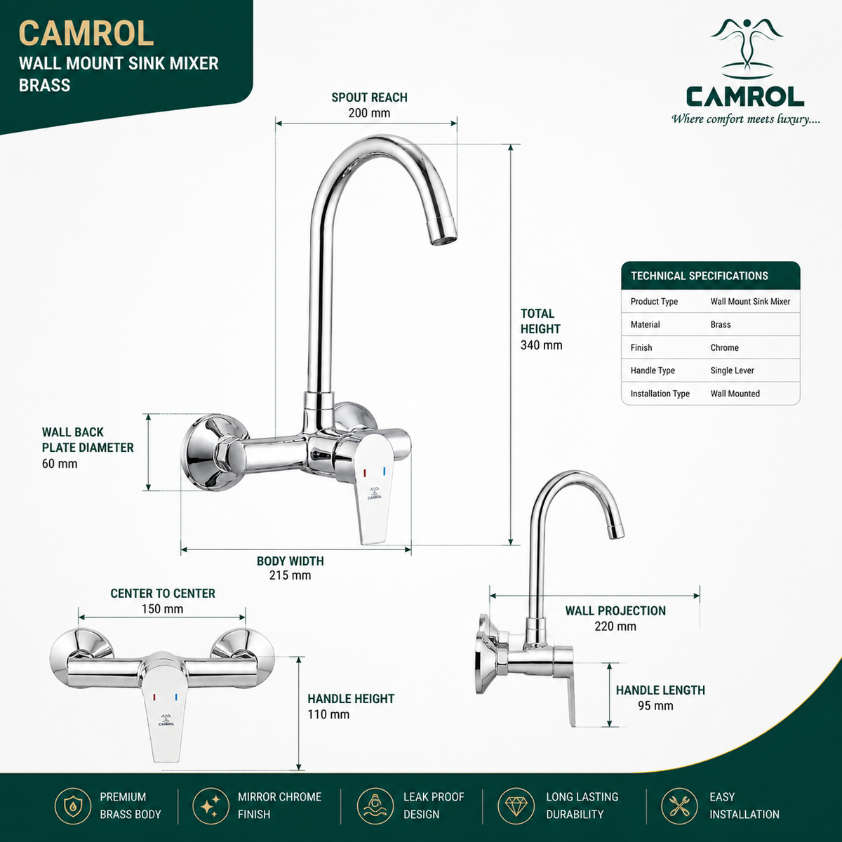 Camrol Brass Wall Mounted Sink Mixer | Single Lever Hot & Cold Kitchen Sink Mixer Tap | 360° Swivel Spout | Chrome | Water-Saving Aerated Flow