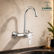 Camrol Brass Wall Mounted Sink Mixer | Single Lever Hot & Cold Kitchen Sink Mixer Tap | 360° Swivel Spout | Chrome | Water-Saving Aerated Flow