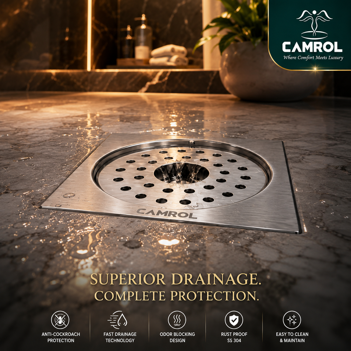 Camrol Premium  Cockroach Trap Square Flat Cut Floor Drain | 304 Grade Stainless Steel Floor Drain Jali | 5 × 5 Inches | Floor Drainer with Cockroach Trap & Lock