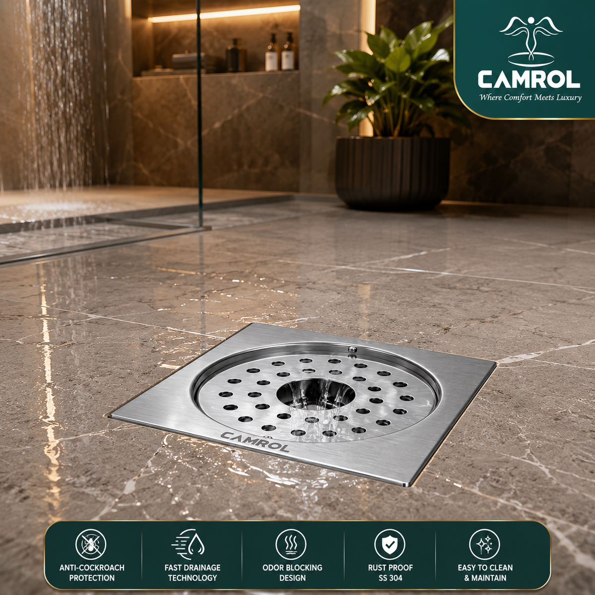 Camrol Premium  Cockroach Trap Square Flat Cut Floor Drain | 304 Grade Stainless Steel Floor Drain Jali | 5 × 5 Inches | Floor Drainer with Cockroach Trap & Lock