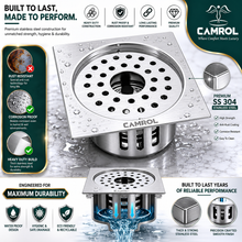 Camrol Premium  Cockroach Trap Square Flat Cut Floor Drain | 304 Grade Stainless Steel Floor Drain Jali | 5 × 5 Inches | Floor Drainer with Cockroach Trap & Lock