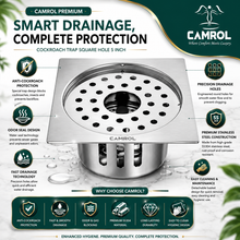 Camrol Premium  Cockroach Trap Square Flat Cut Floor Drain | 304 Grade Stainless Steel Floor Drain Jali | 5 × 5 Inches | Floor Drainer with Cockroach Trap & Lock