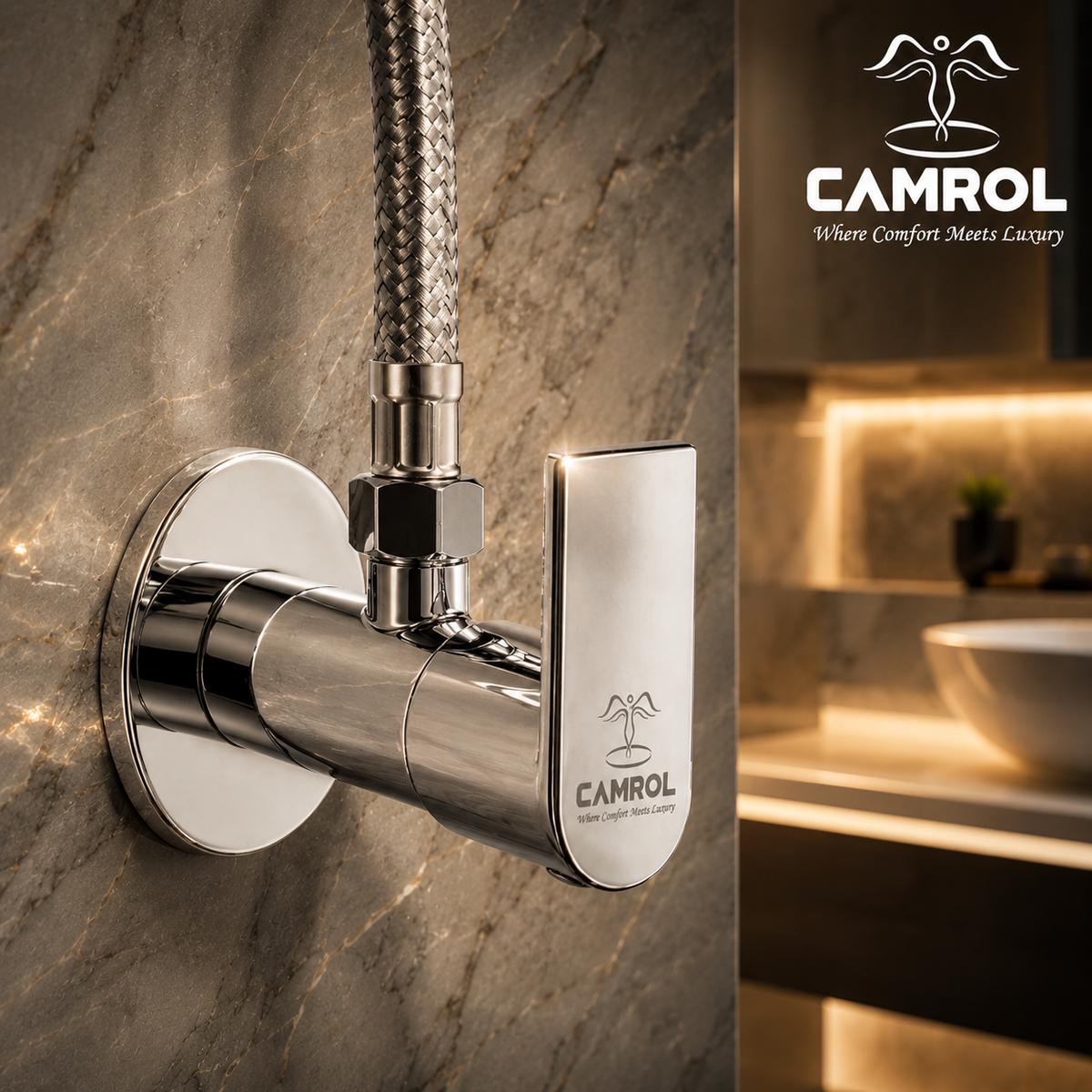 Camrol Stainless Steel Angle Valve Project Prime for Geyser, Wash Basin & Toilet Flush | Chrome Finish Angle Cock | Quarter Turn Wall Mounted Bathroom Stop Valve