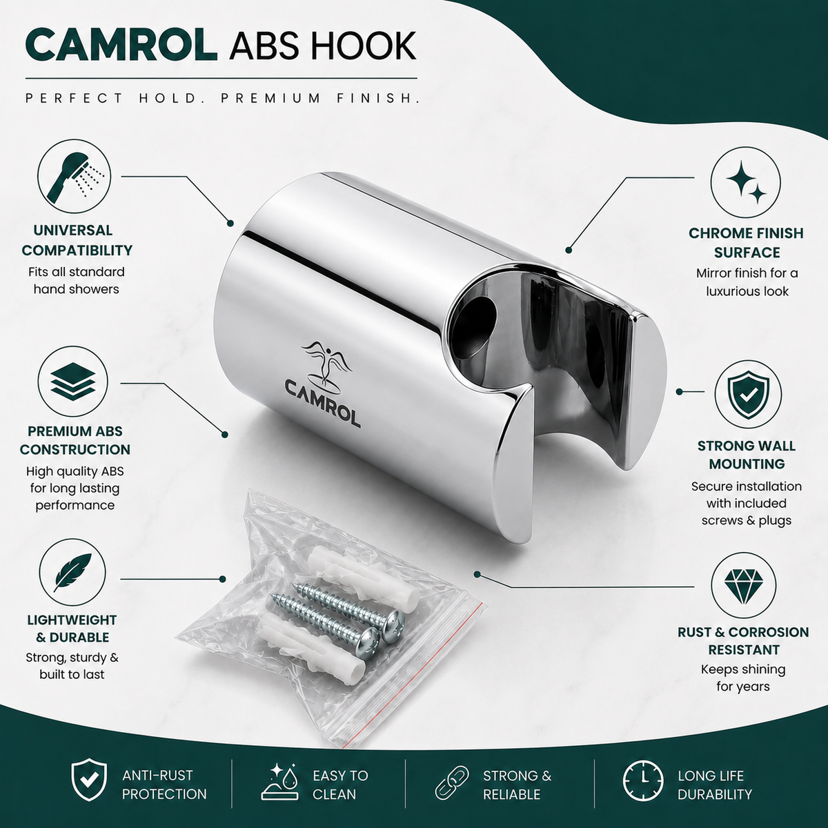 Camrol Heavy Duty Stainless Steel ABS Hook Health Faucet Holder | Universal Jet Spray Stand | Wall Mounted | Rust Resistant | Chrome Finish | Includes Screws & Wall Plugs