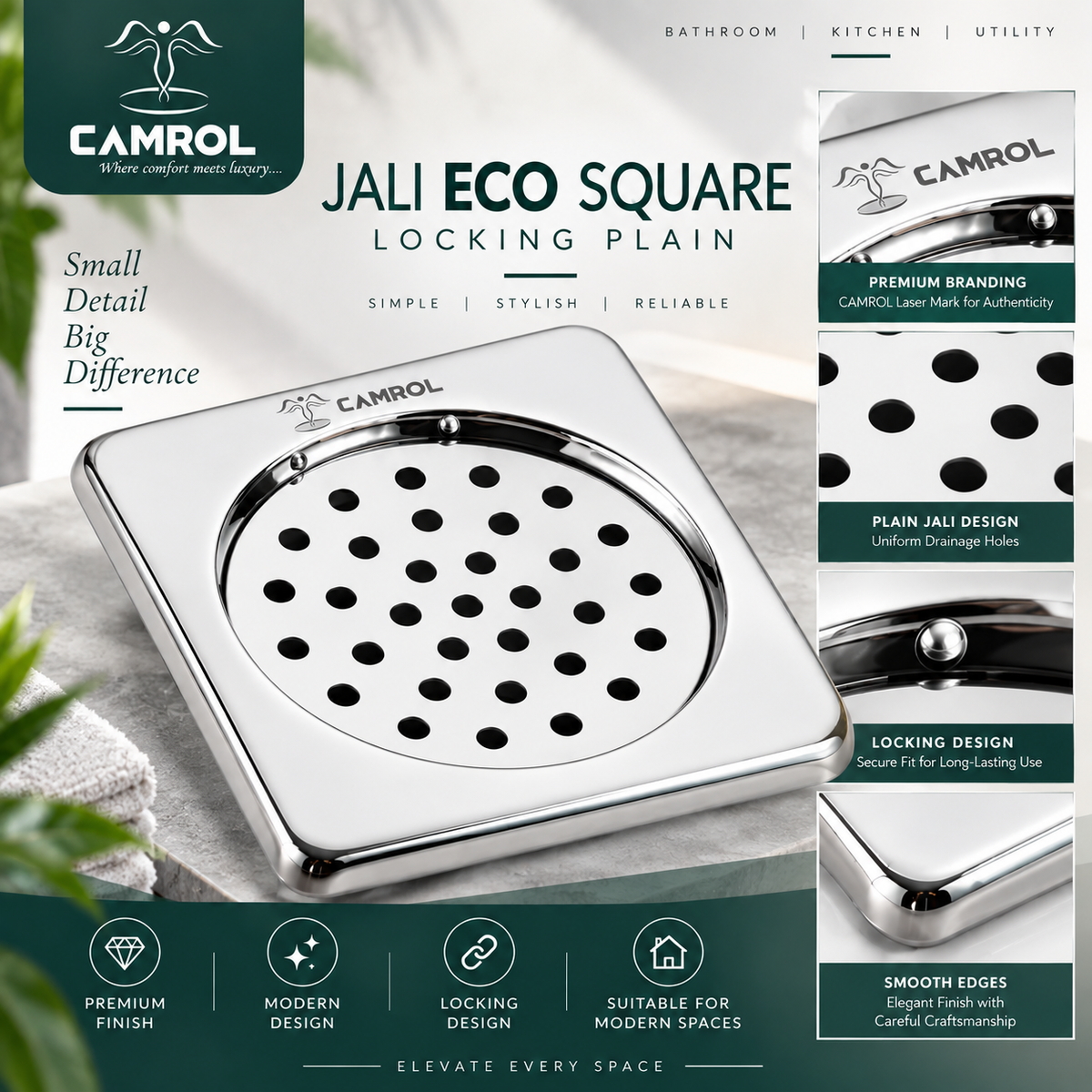 CAMROL 5x5 Inches Square Floor Drain | Stainless Steel 304 Grade Floor Trap Jali/Drain Cover | Anti-Rust, Satin Finish & Locking Design