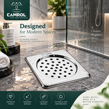CAMROL 5x5 Inches Square Floor Drain | Stainless Steel 304 Grade Floor Trap Jali/Drain Cover | Anti-Rust, Satin Finish & Locking Design