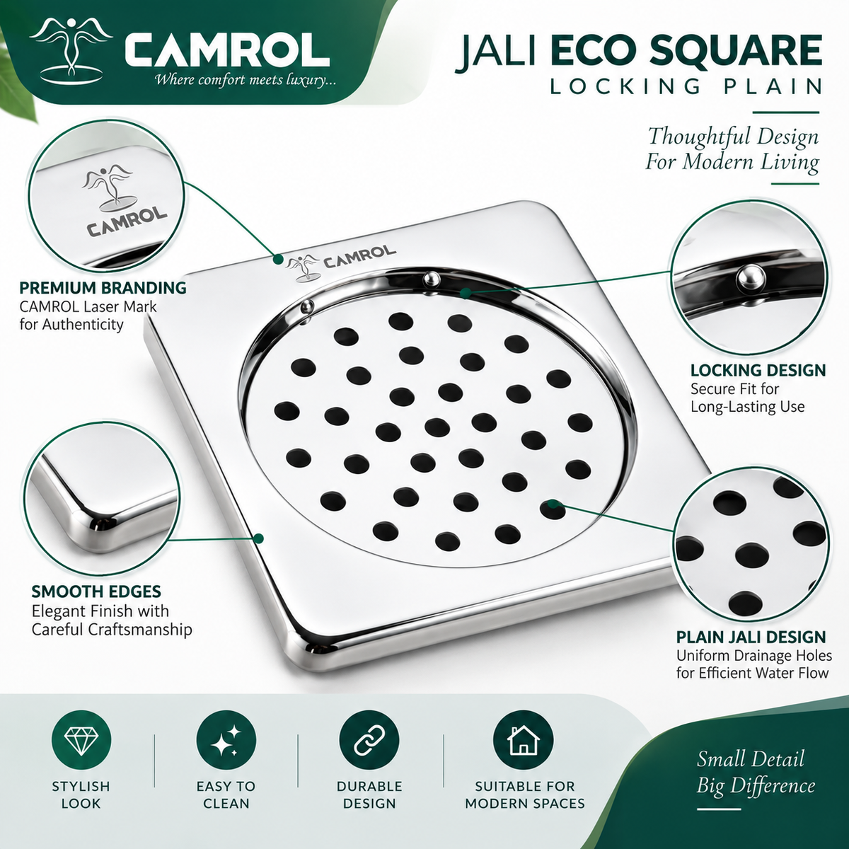 CAMROL 5x5 Inches Square Floor Drain | Stainless Steel 304 Grade Floor Trap Jali/Drain Cover | Anti-Rust, Satin Finish & Locking Design