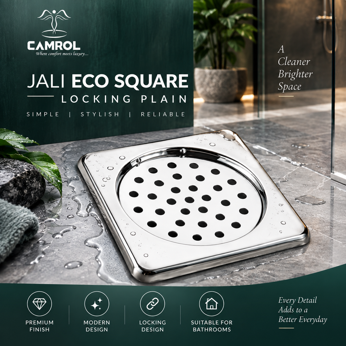 CAMROL 5x5 Inches Square Floor Drain | Stainless Steel 304 Grade Floor Trap Jali/Drain Cover | Anti-Rust, Satin Finish & Locking Design