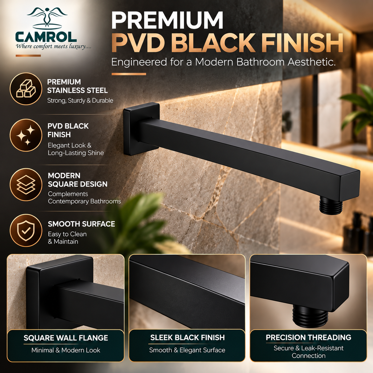 Camrol SHOWER ARM PVD Black  18"
