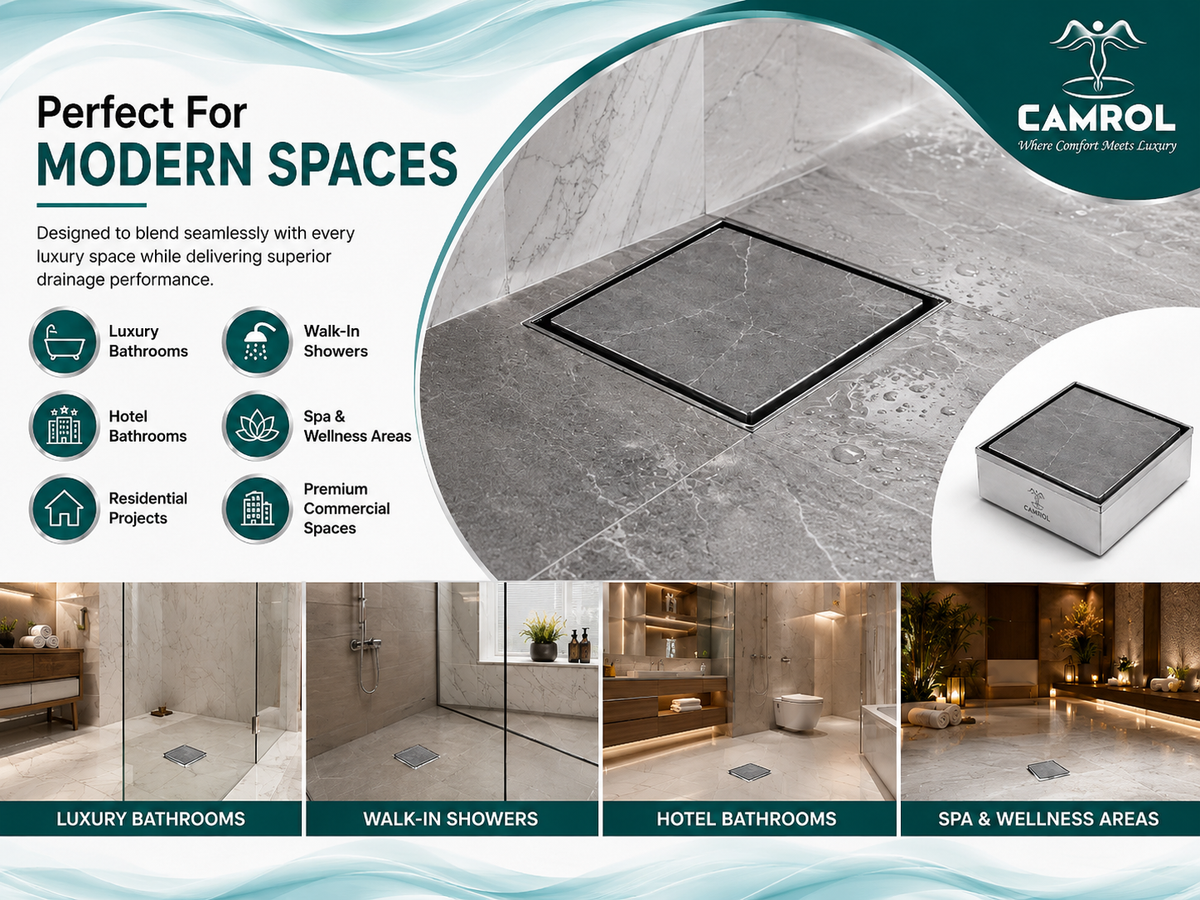 Camrol Square Tile Insert Floor Drain | 304 Stainless Steel | Invisible Shower Drain Channel | Waste Water Floor Drain for 13mm Tile | Drainer Channel | Anti Cockroach Trap | Silver