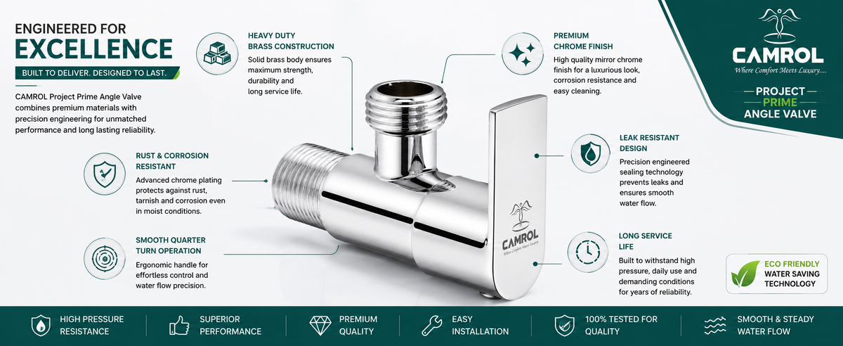 Camrol Stainless Steel Angle Valve Project Prime for Geyser, Wash Basin & Toilet Flush | Chrome Finish Angle Cock | Quarter Turn Wall Mounted Bathroom Stop Valve