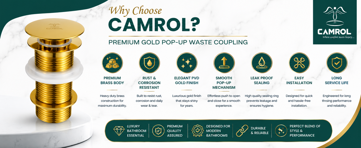 Camrol Brass Golden Pop-Up Waste Coupling for Wash Basin | Gold Glossy