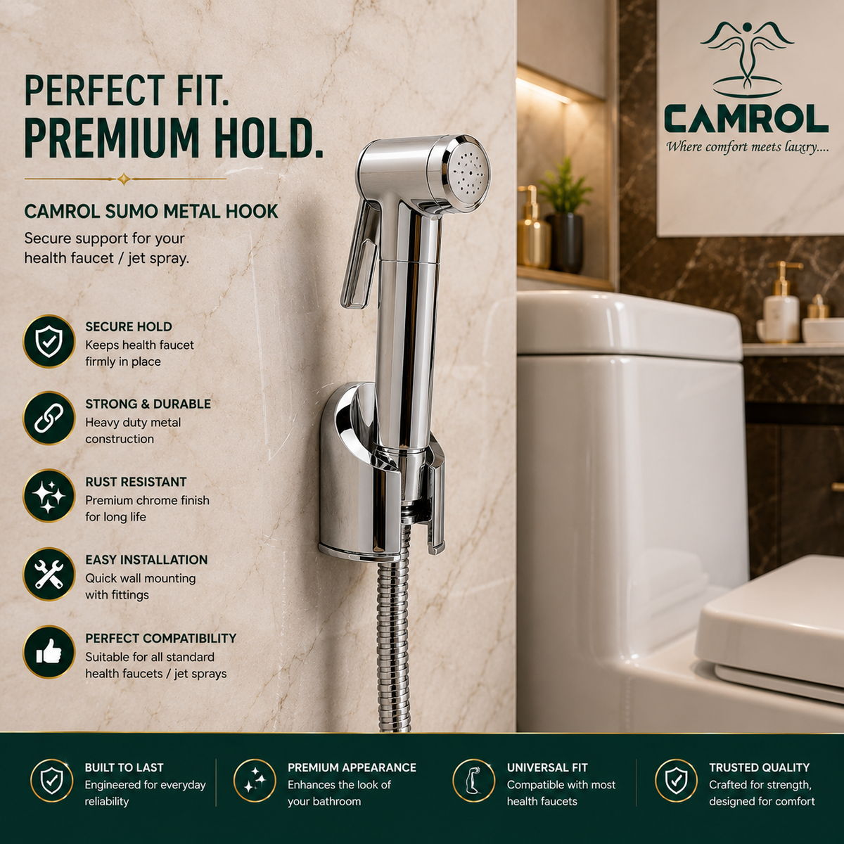 Camrol Heavy Duty Meta Sumo Hook l Health Faucet Wall Hook Holder | Universal Jet Spray Stand | Chrome Plated | Wall Mount