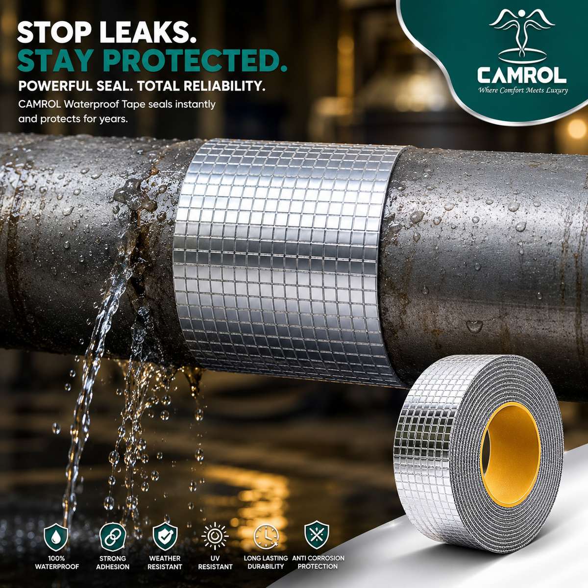 Camrol Super Strong Repair Waterproof Tape | Permanent Leak Repair Solution | Rubber Aluminium Foil Tape for Roof, Pipe, Tank, Window & Surface Leakage | Silver