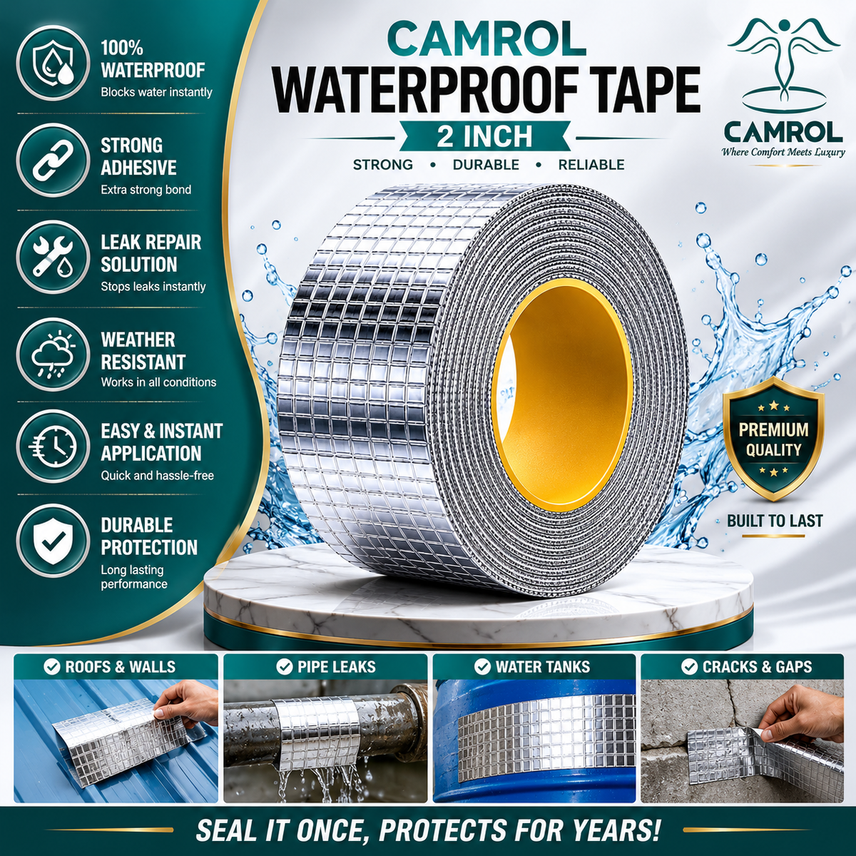 Camrol Super Strong Repair Waterproof Tape | Permanent Leak Repair Solution | Rubber Aluminium Foil Tape for Roof, Pipe, Tank, Window & Surface Leakage | Silver